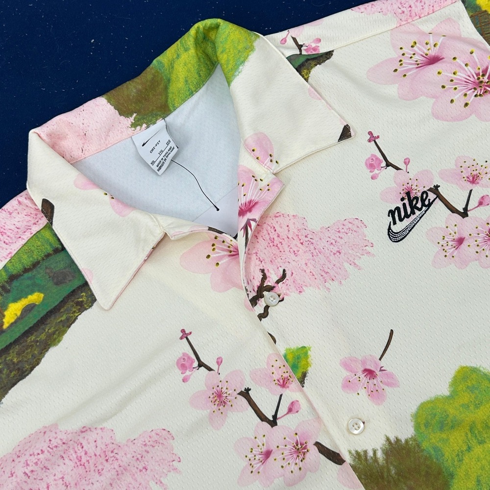 Nike Dri-FIT Mesh Camp Shirt Mens XXL Cream Pink Cherry Blossom Landscape NEW